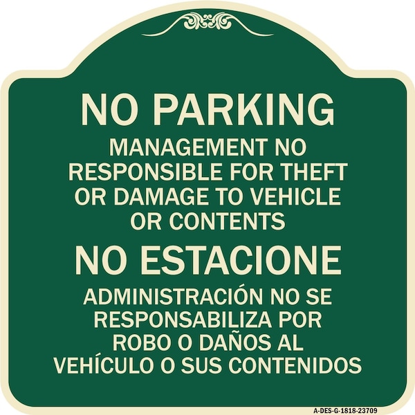Signmission No Parking Management Not Responsible for Theft or Damage to Vehicle or Contents, A-DES-G-1818-23709 A-DES-G-1818-23709 - main